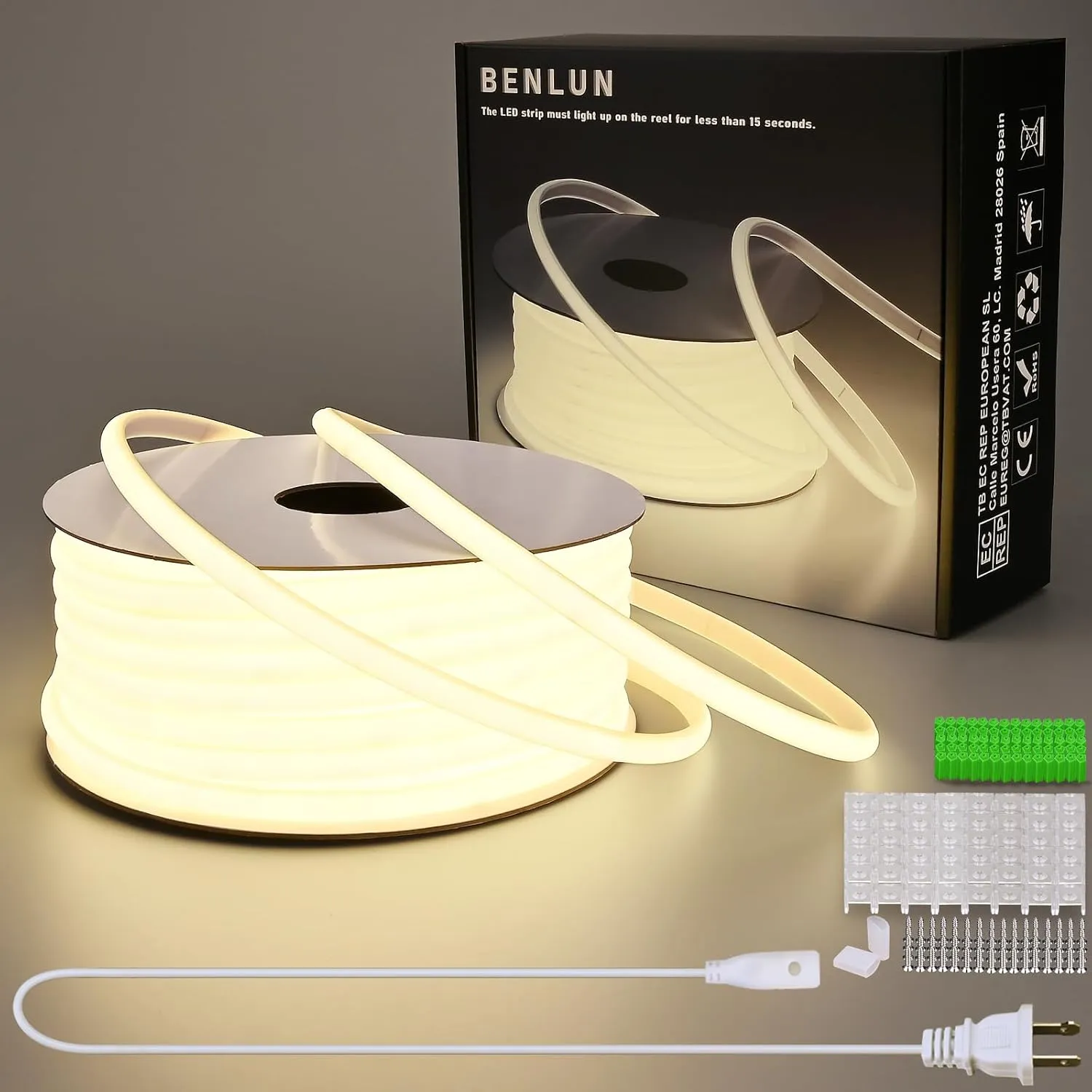 AC 110V COB LED Strip Lights 98.4ft, 4000K Natural White LED Rope Light Outdoor Waterproof, 10W/M CRI 90  Flexible Cuttable, for Bedroom, Living Room, Garden, Commercial, House