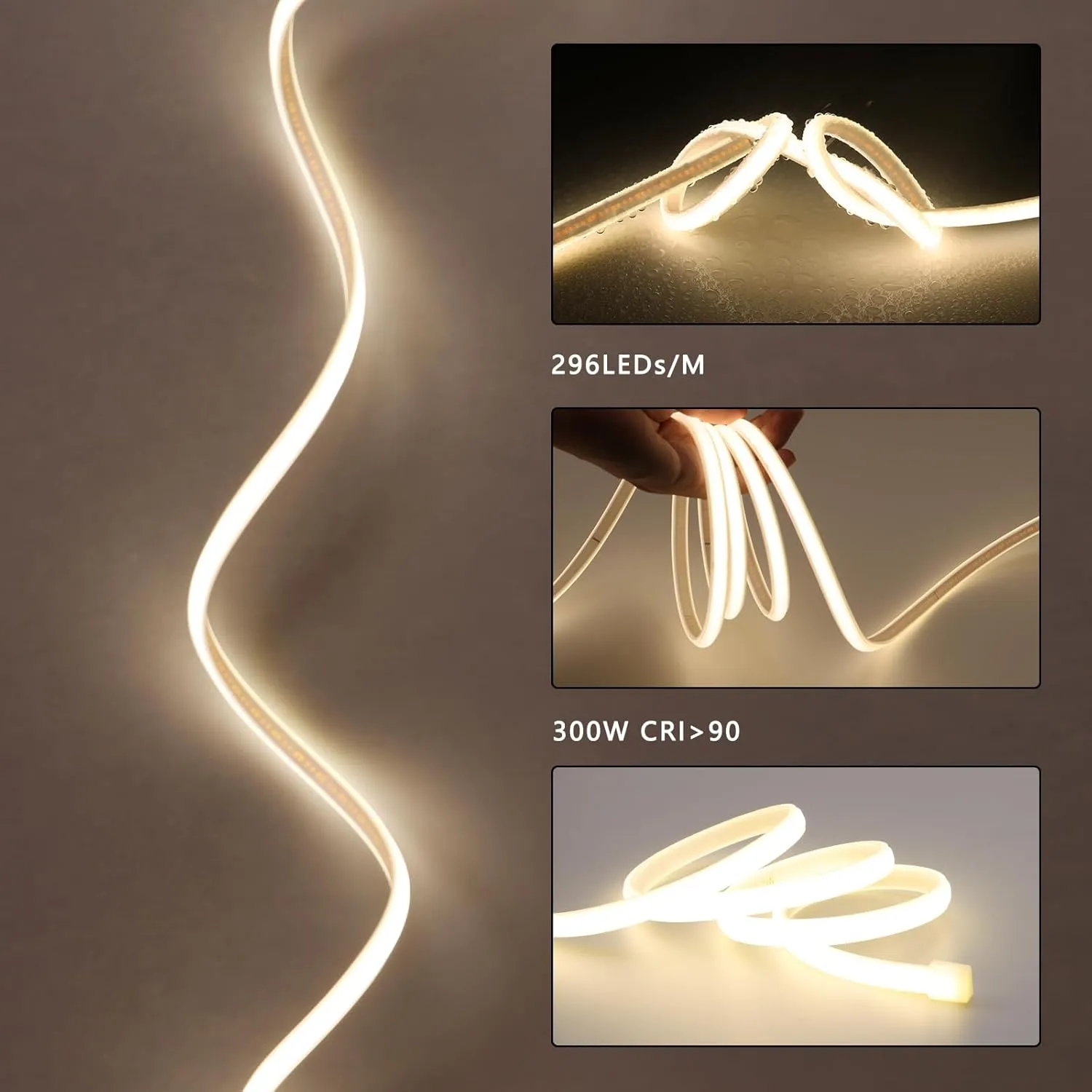 AC 110V COB LED Strip Lights 98.4ft, 4000K Natural White LED Rope Light Outdoor Waterproof, 10W/M CRI 90  Flexible Cuttable, for Bedroom, Living Room, Garden, Commercial, House