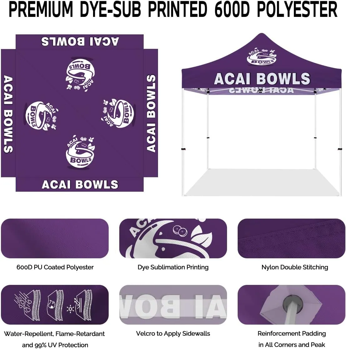 Acai Bowls Themed Pop Up Canopy Tent, 10x10 Outdoor Canopy Heavy Duty Vendor Tent for Acai Bowls Smoothies Promotion Food Booth Tent with Roller Bag, Back Wall, Sidewalls and Rails