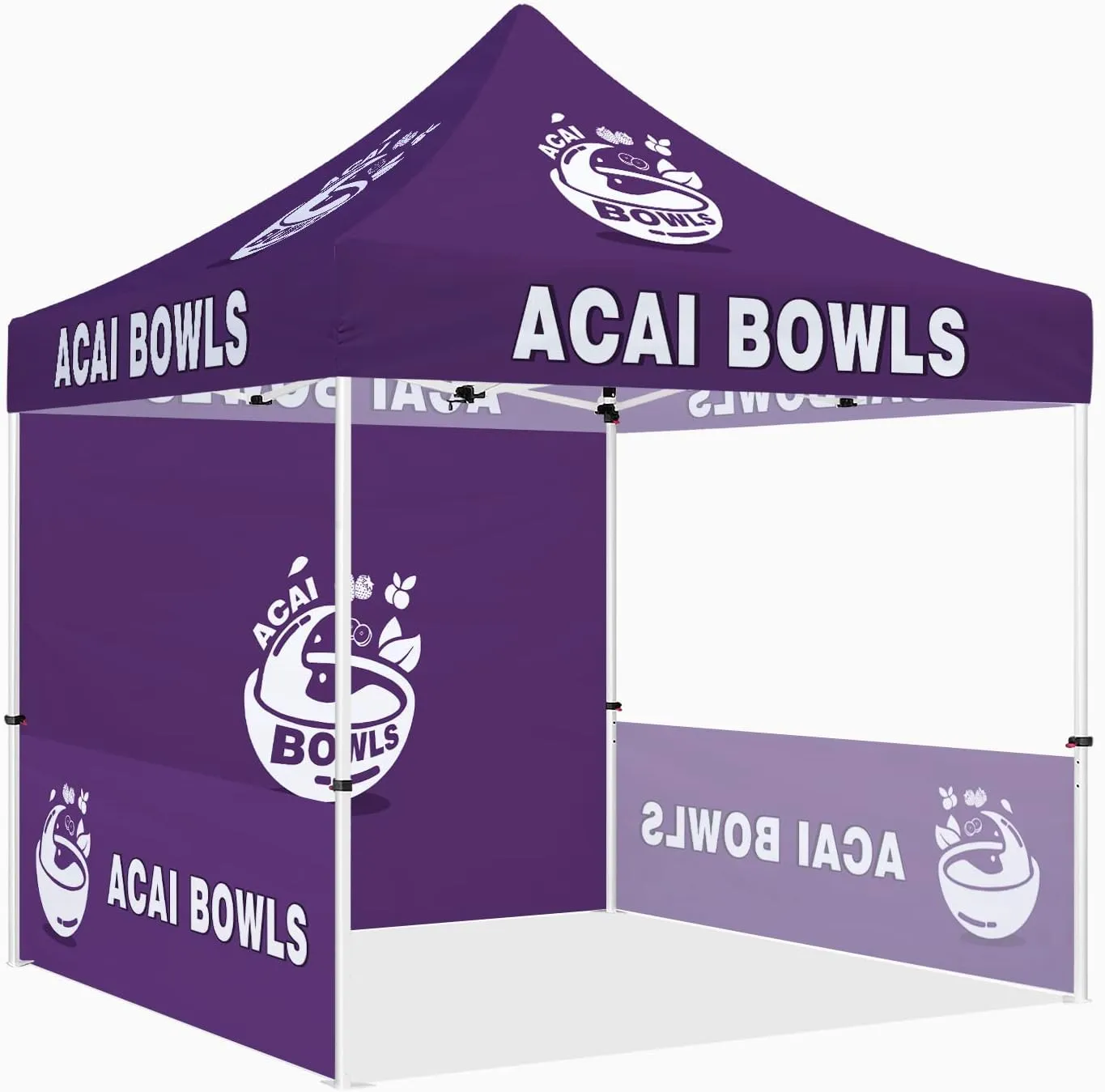 Acai Bowls Themed Pop Up Canopy Tent, 10x10 Outdoor Canopy Heavy Duty Vendor Tent for Acai Bowls Smoothies Promotion Food Booth Tent with Roller Bag, Back Wall, Sidewalls and Rails