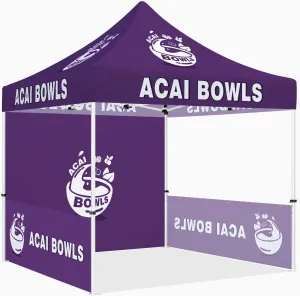 Acai Bowls Themed Pop Up Canopy Tent, 10x10 Outdoor Canopy Heavy Duty Vendor Tent for Acai Bowls Smoothies Promotion Food Booth Tent with Roller Bag, Back Wall, Sidewalls and Rails