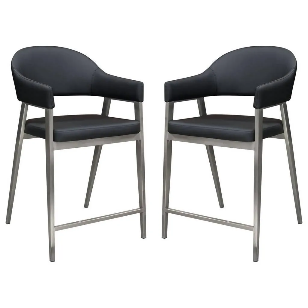 Adele Set of Two Counter Height Chairs in Black Leatherette w/ Brushed Stainless Steel Leg