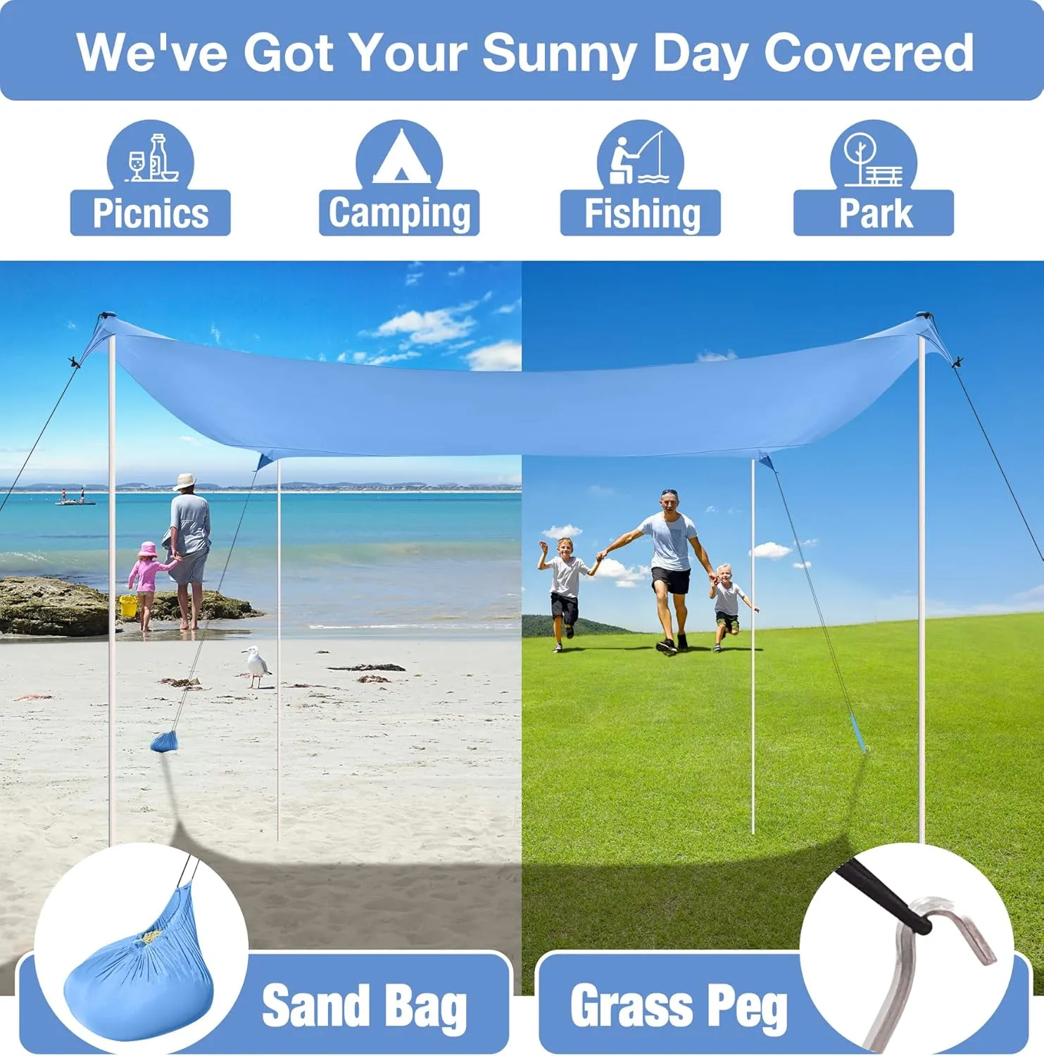 ADesign Windproof Beach Tent Sun Shelter with 8 Sandbags, Wind Resistant Large Family Beach Canopy with Sand Shovel, UPF50 , 6.5 FT Tall, Easy Setup Sun Shade for Beach Vacation