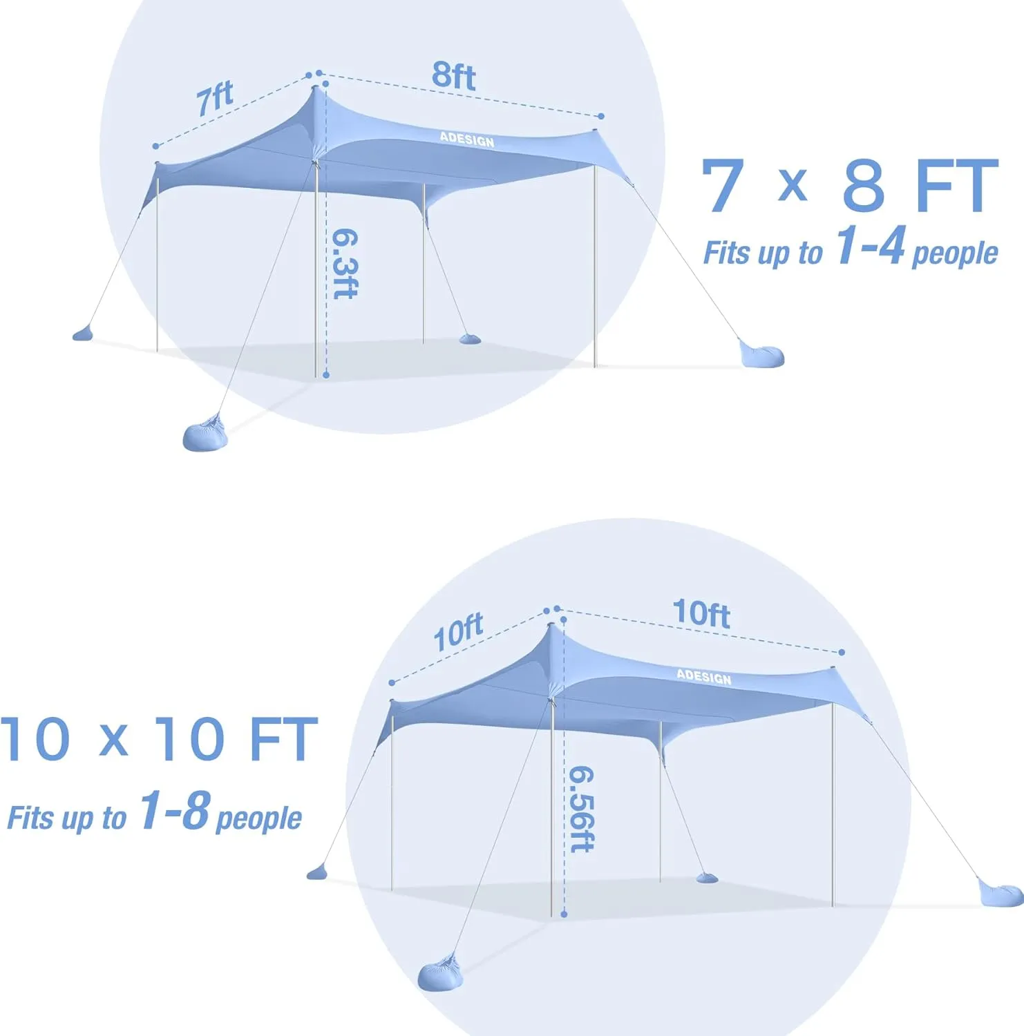 ADesign Windproof Beach Tent Sun Shelter with 8 Sandbags, Wind Resistant Large Family Beach Canopy with Sand Shovel, UPF50 , 6.5 FT Tall, Easy Setup Sun Shade for Beach Vacation