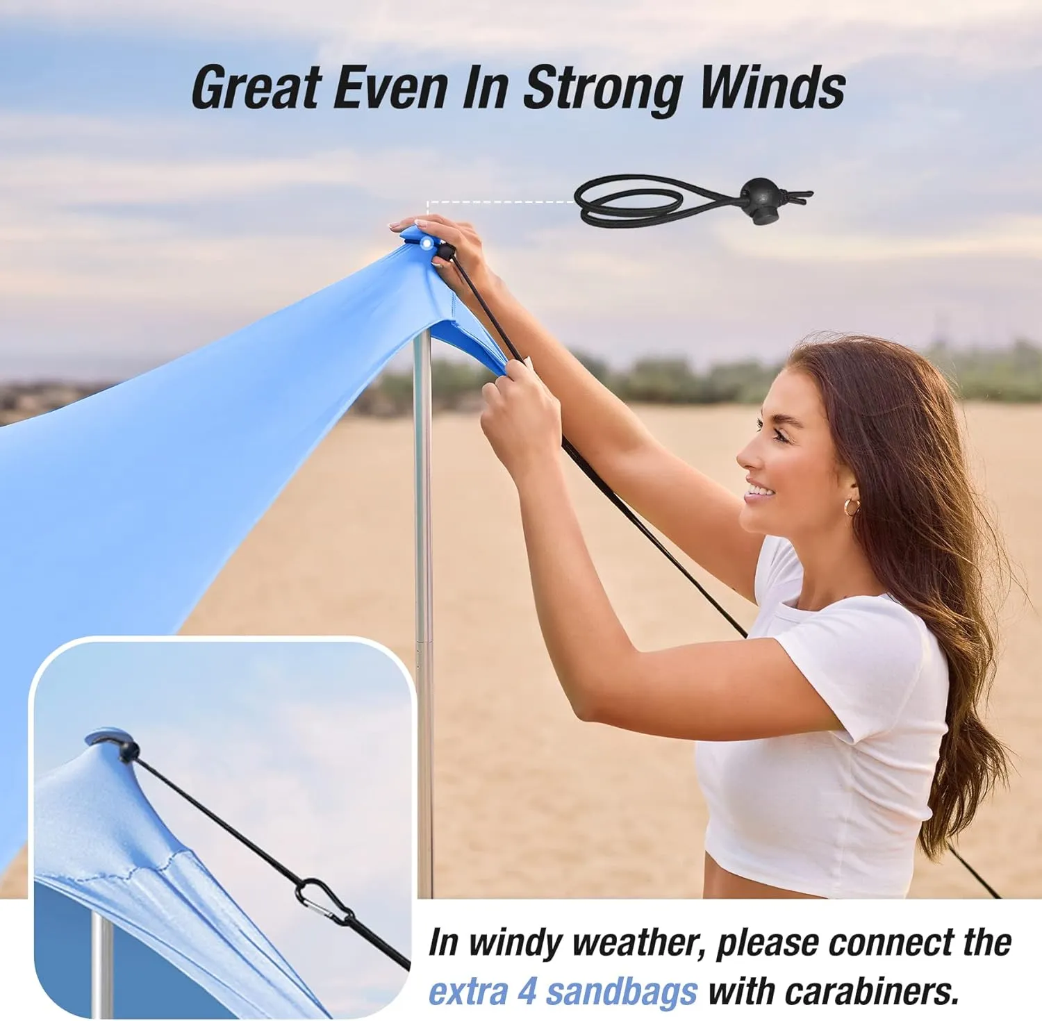 ADesign Windproof Beach Tent Sun Shelter with 8 Sandbags, Wind Resistant Large Family Beach Canopy with Sand Shovel, UPF50 , 6.5 FT Tall, Easy Setup Sun Shade for Beach Vacation