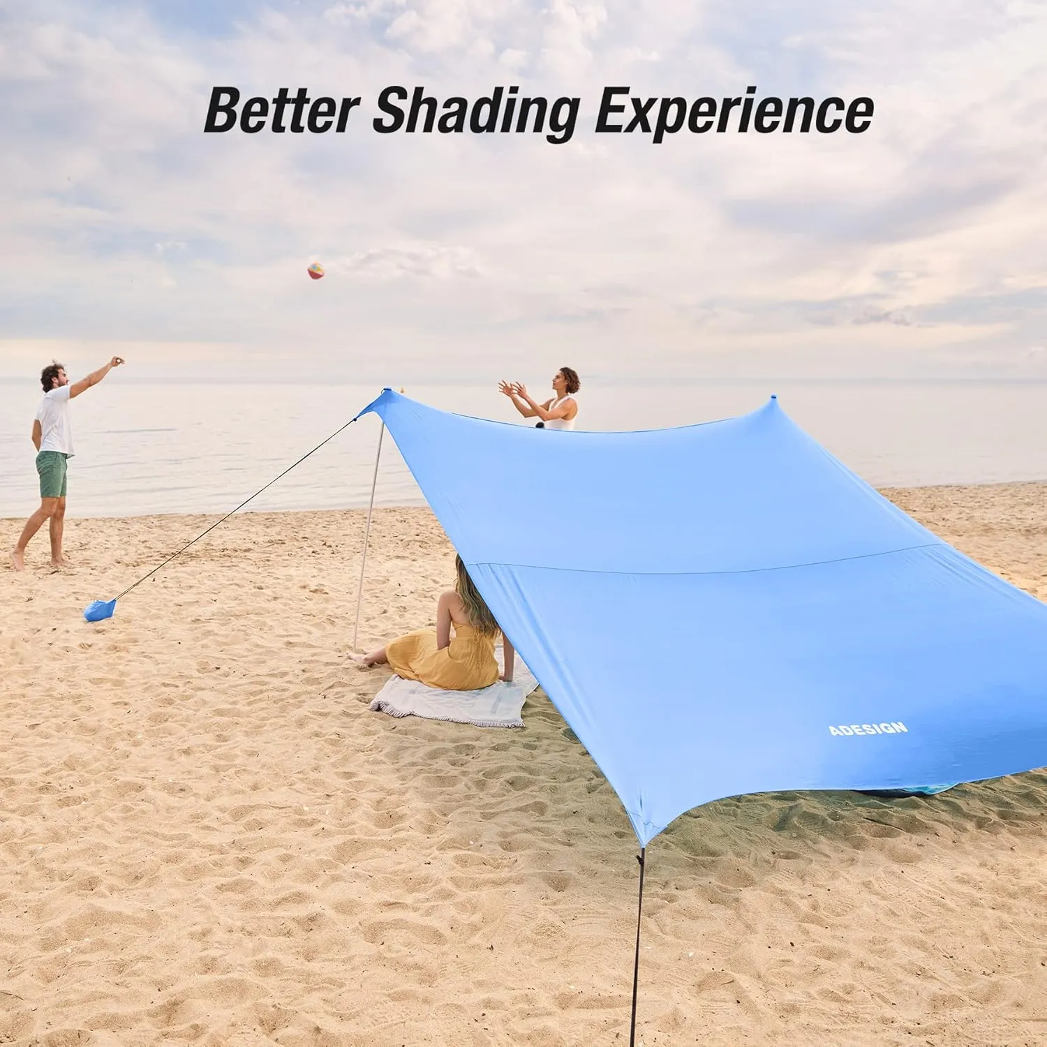 ADesign Windproof Beach Tent Sun Shelter with 8 Sandbags, Wind Resistant Large Family Beach Canopy with Sand Shovel, UPF50 , 6.5 FT Tall, Easy Setup Sun Shade for Beach Vacation