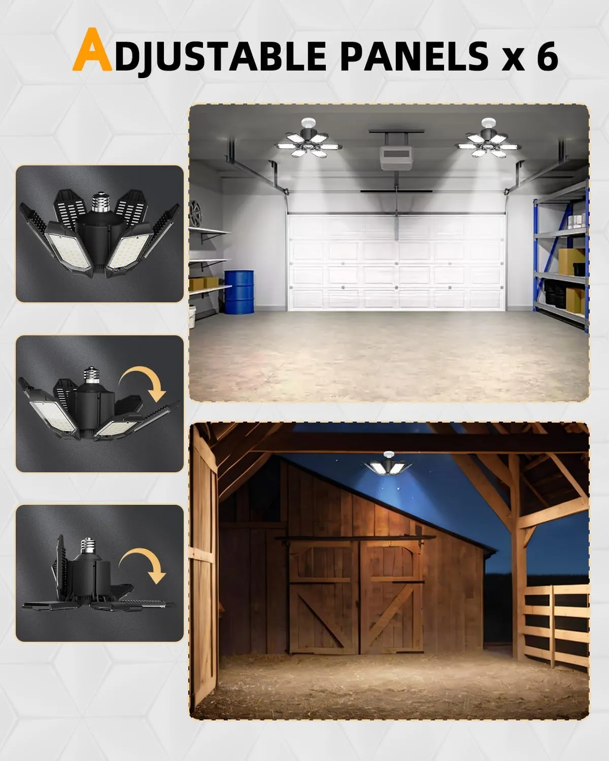 Adiding LED Garage Light 4 Pack Bright 40000 Lumen LED Workshop Basement Ceiling Lighting Fixture fit for E26 E27 Bulb Socket with Adjustable Spotlight, 6 Deformable Panels for Workspace Attic Cellar