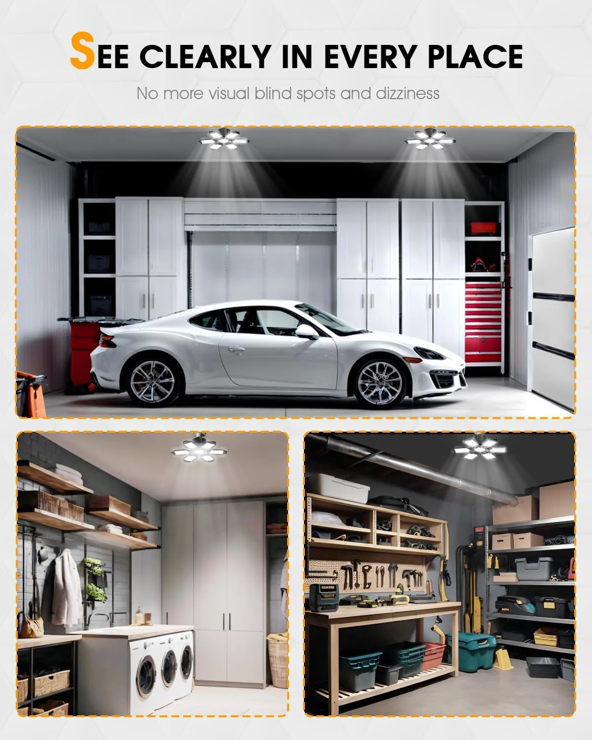 Adiding LED Garage Light 4 Pack Bright 40000 Lumen LED Workshop Basement Ceiling Lighting Fixture fit for E26 E27 Bulb Socket with Adjustable Spotlight, 6 Deformable Panels for Workspace Attic Cellar