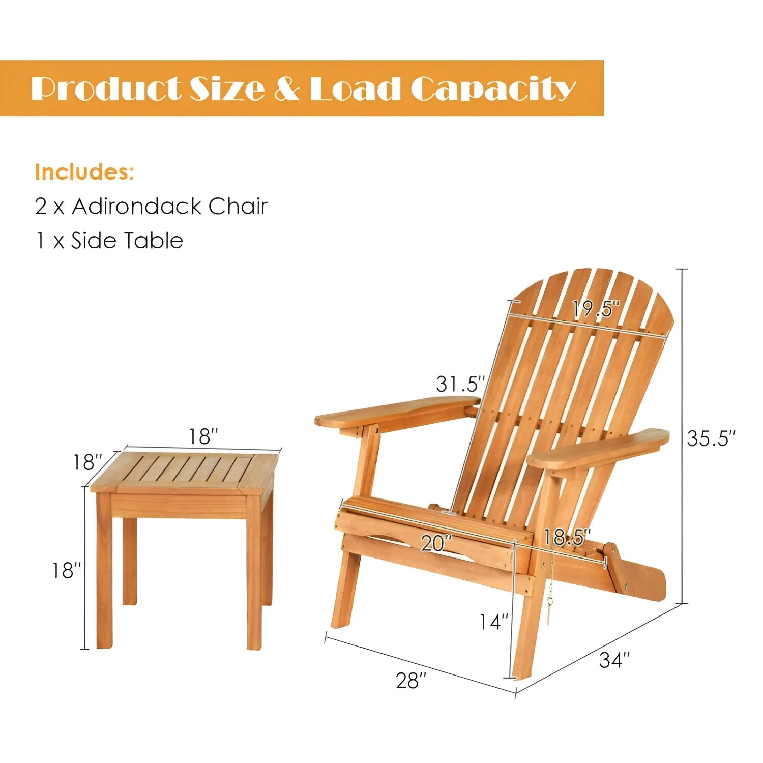 Adirondack Chair Foldable Set Wood Outdoor Patio Lawn Deck Garden 3 pieces