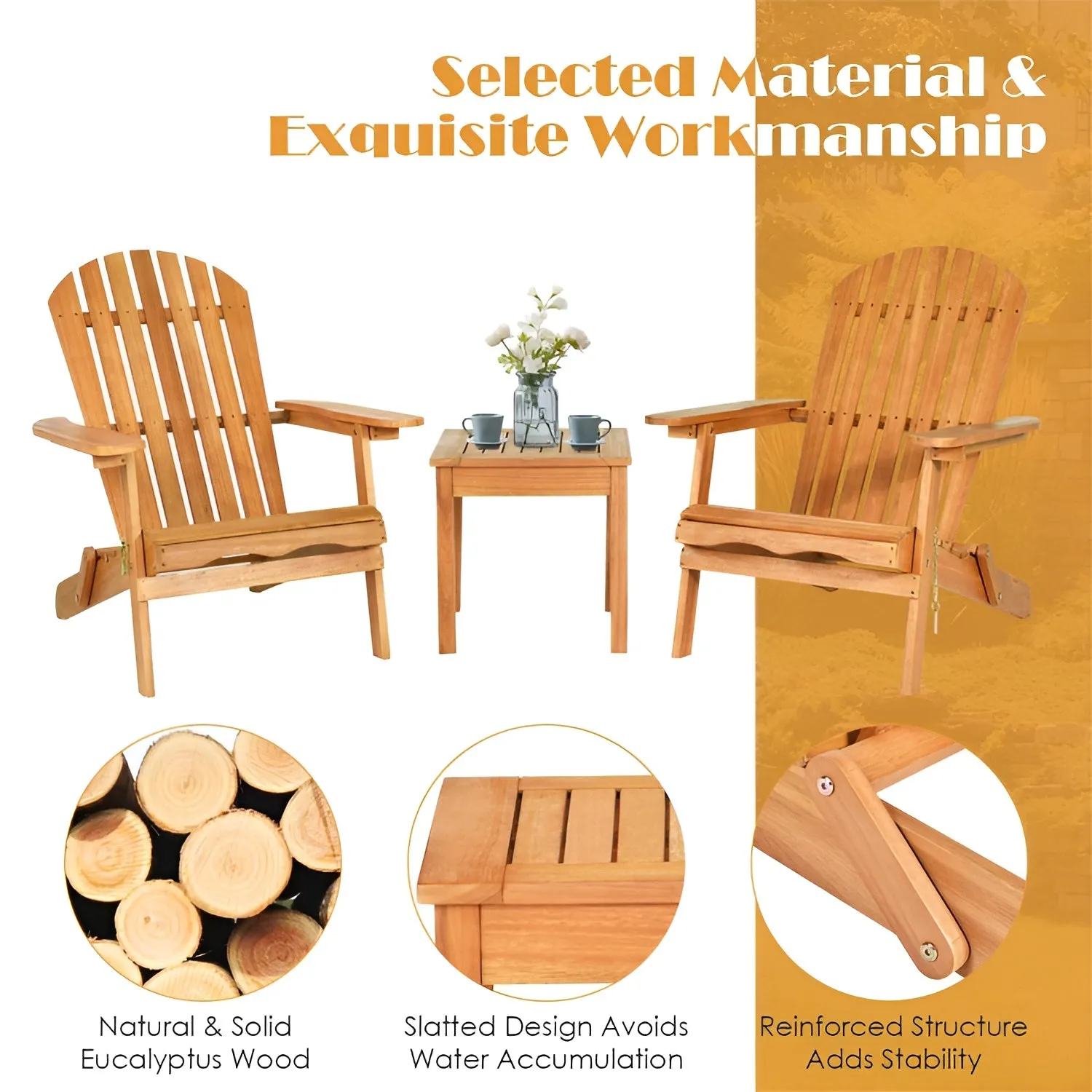 Adirondack Chair Foldable Set Wood Outdoor Patio Lawn Deck Garden 3 pieces
