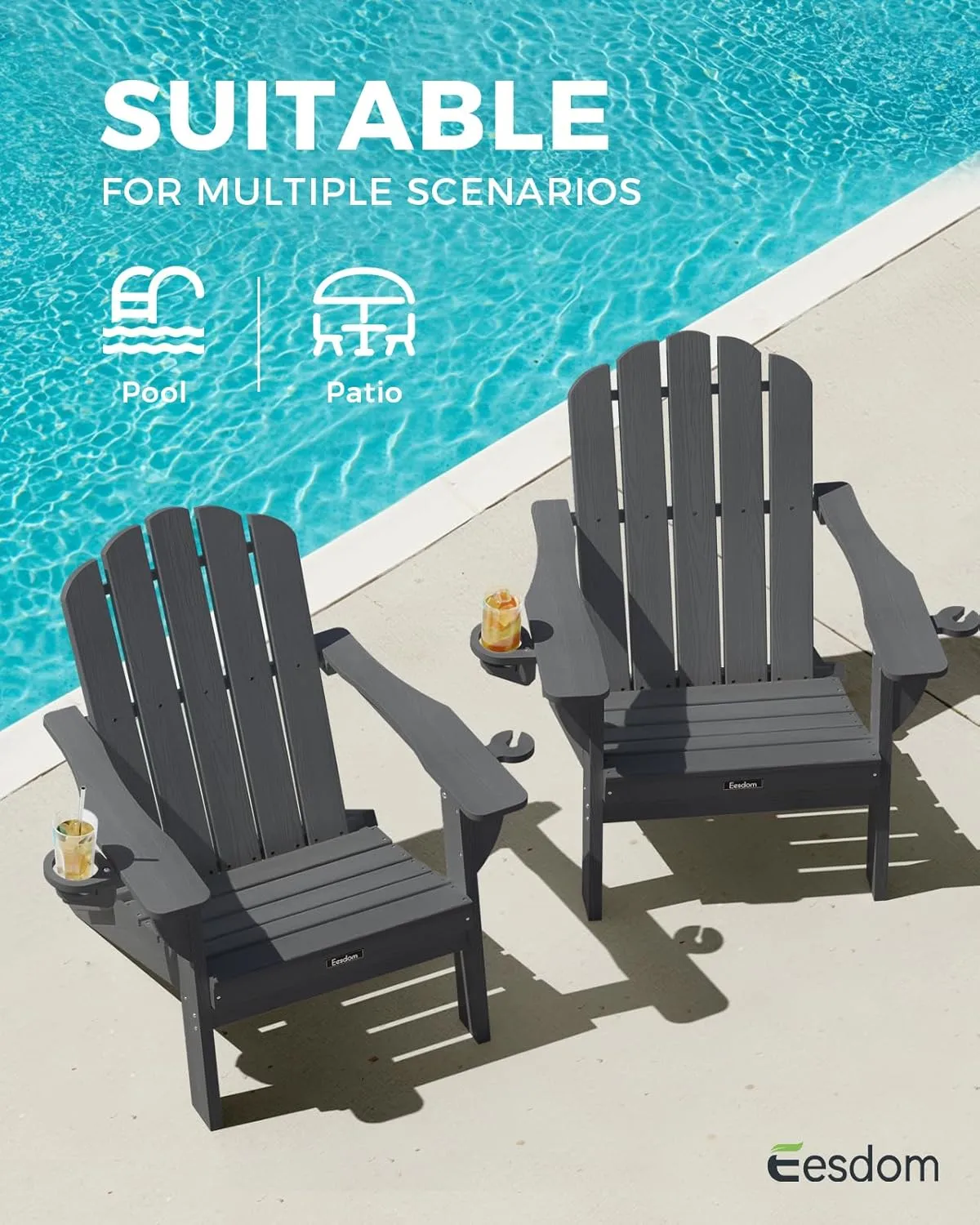 Adirondack Chair Set of 2, 5-Slatted All-Weather Outdoor Adirondack Chair, Wood Texture Lawn Chair for Fire Pit, Patio, Garden, Poolside, Grey