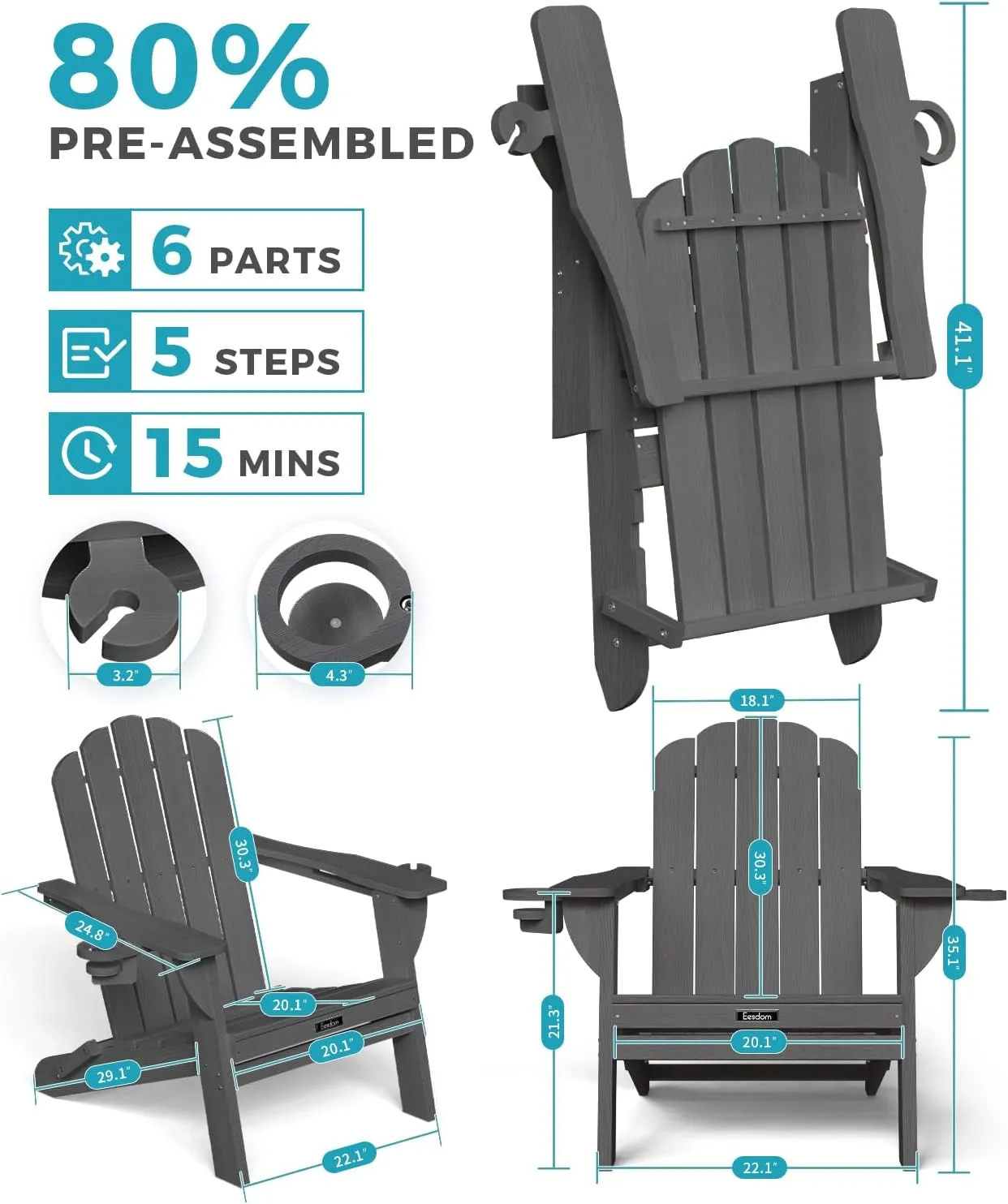 Adirondack Chair Set of 2, 5-Slatted All-Weather Outdoor Adirondack Chair, Wood Texture Lawn Chair for Fire Pit, Patio, Garden, Poolside, Grey