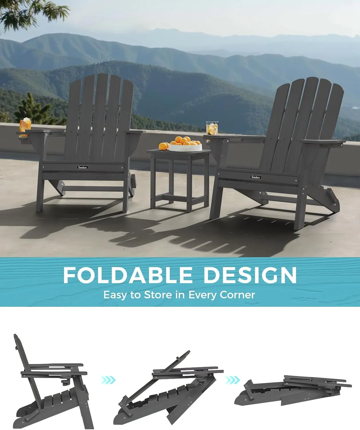 Adirondack Chair Set of 2, 5-Slatted All-Weather Outdoor Adirondack Chair, Wood Texture Lawn Chair for Fire Pit, Patio, Garden, Poolside, Grey