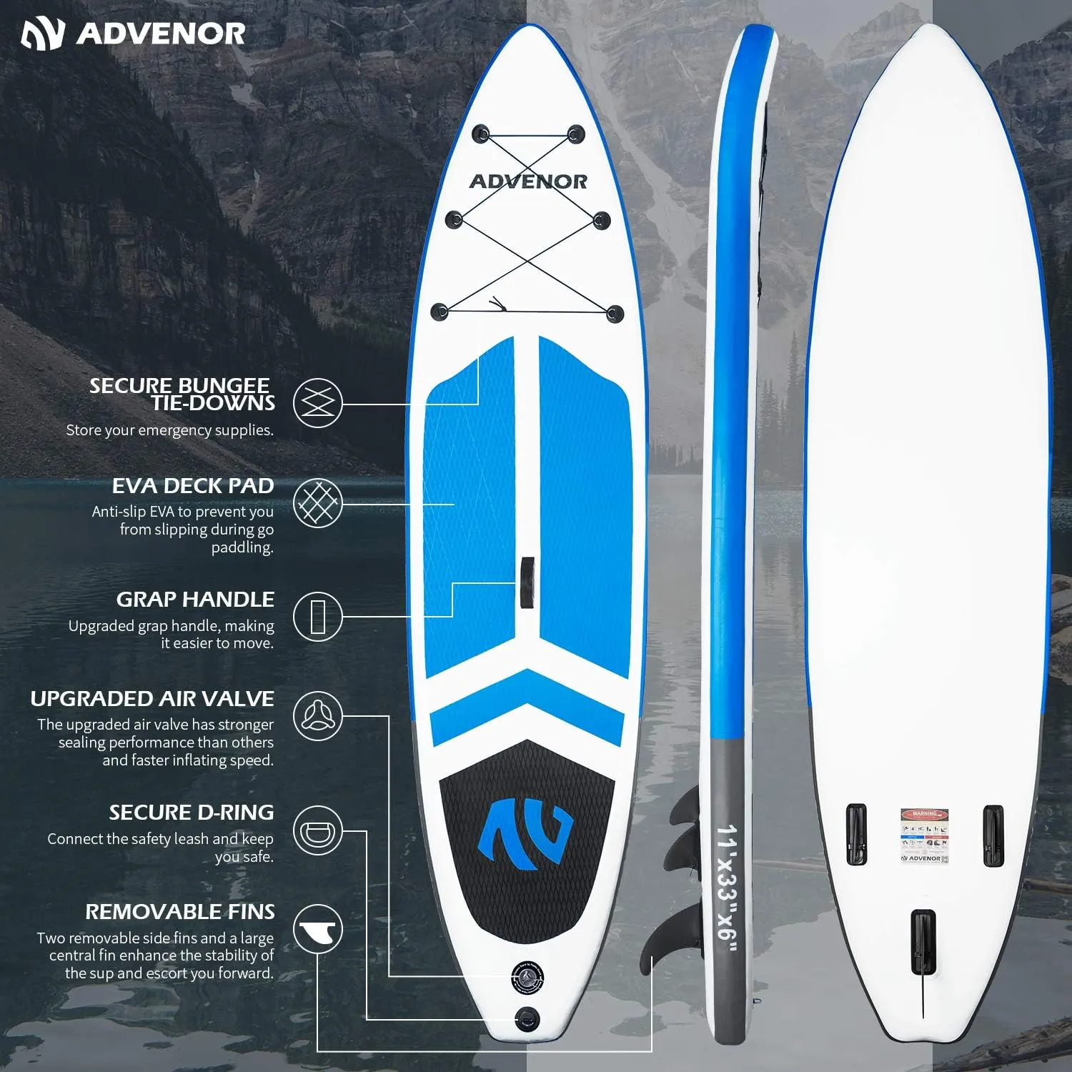 ADVENOR Paddle Board 11'x33 x6 Extra Wide Inflatable Stand Up Paddle Board with Hand Pump,Leash, Adjustable Paddle For Basic Version, Extra Kayak Paddle Kayak Seat 2 Fishing Mounts For Fishing Version