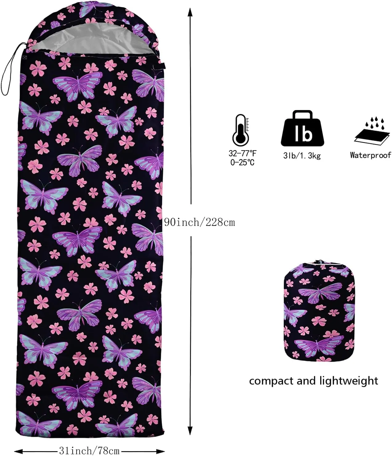 AILONEN Girls Butterfly Camping Sleeping Bags,Lightweight & Waterproof,3 Season Warm & Cool Weather,Beautiful Animal Black Sleeping Bags for Kids Adults,Travelling,Outdoors