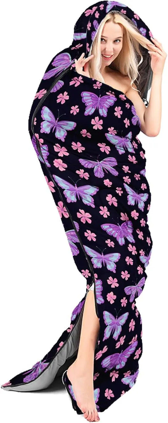 AILONEN Girls Butterfly Camping Sleeping Bags,Lightweight & Waterproof,3 Season Warm & Cool Weather,Beautiful Animal Black Sleeping Bags for Kids Adults,Travelling,Outdoors