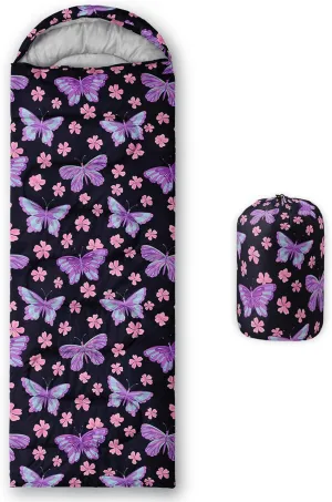 AILONEN Girls Butterfly Camping Sleeping Bags,Lightweight & Waterproof,3 Season Warm & Cool Weather,Beautiful Animal Black Sleeping Bags for Kids Adults,Travelling,Outdoors
