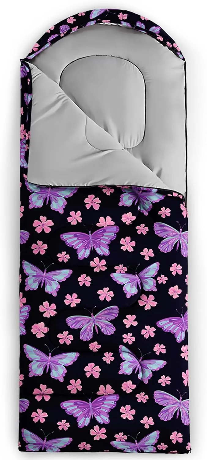 AILONEN Girls Butterfly Camping Sleeping Bags,Lightweight & Waterproof,3 Season Warm & Cool Weather,Beautiful Animal Black Sleeping Bags for Kids Adults,Travelling,Outdoors