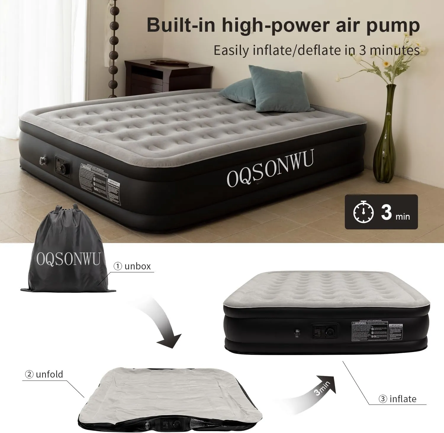 Air Mattress 16" Air Bed Queen with Built in Pump, Foldable Portable Queen Inflatable Mattress, 660 lbs Weight Capacity Blow Up Air-Mattress Suitable for Guests, Indoors and Camping