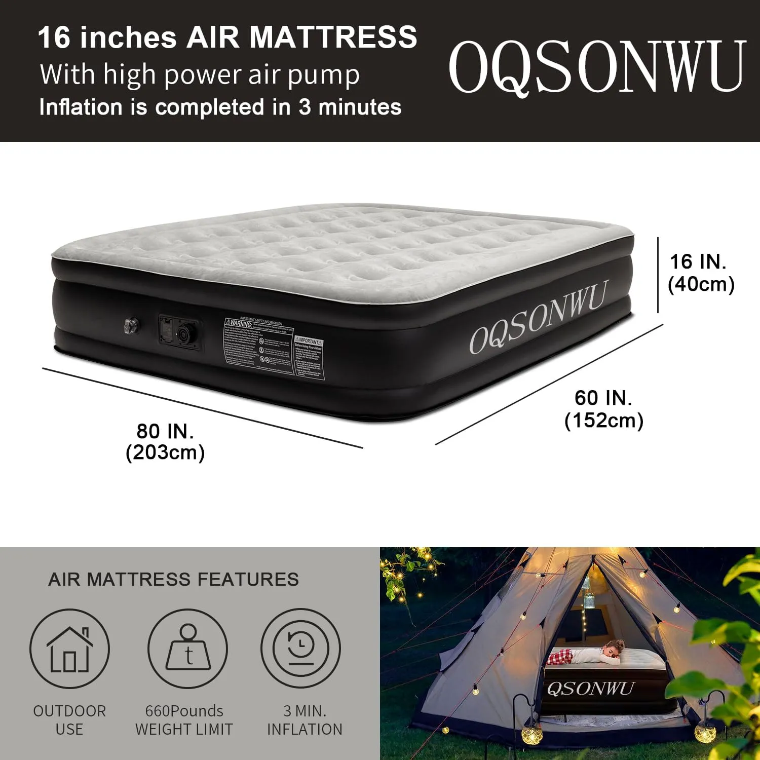 Air Mattress 16" Air Bed Queen with Built in Pump, Foldable Portable Queen Inflatable Mattress, 660 lbs Weight Capacity Blow Up Air-Mattress Suitable for Guests, Indoors and Camping
