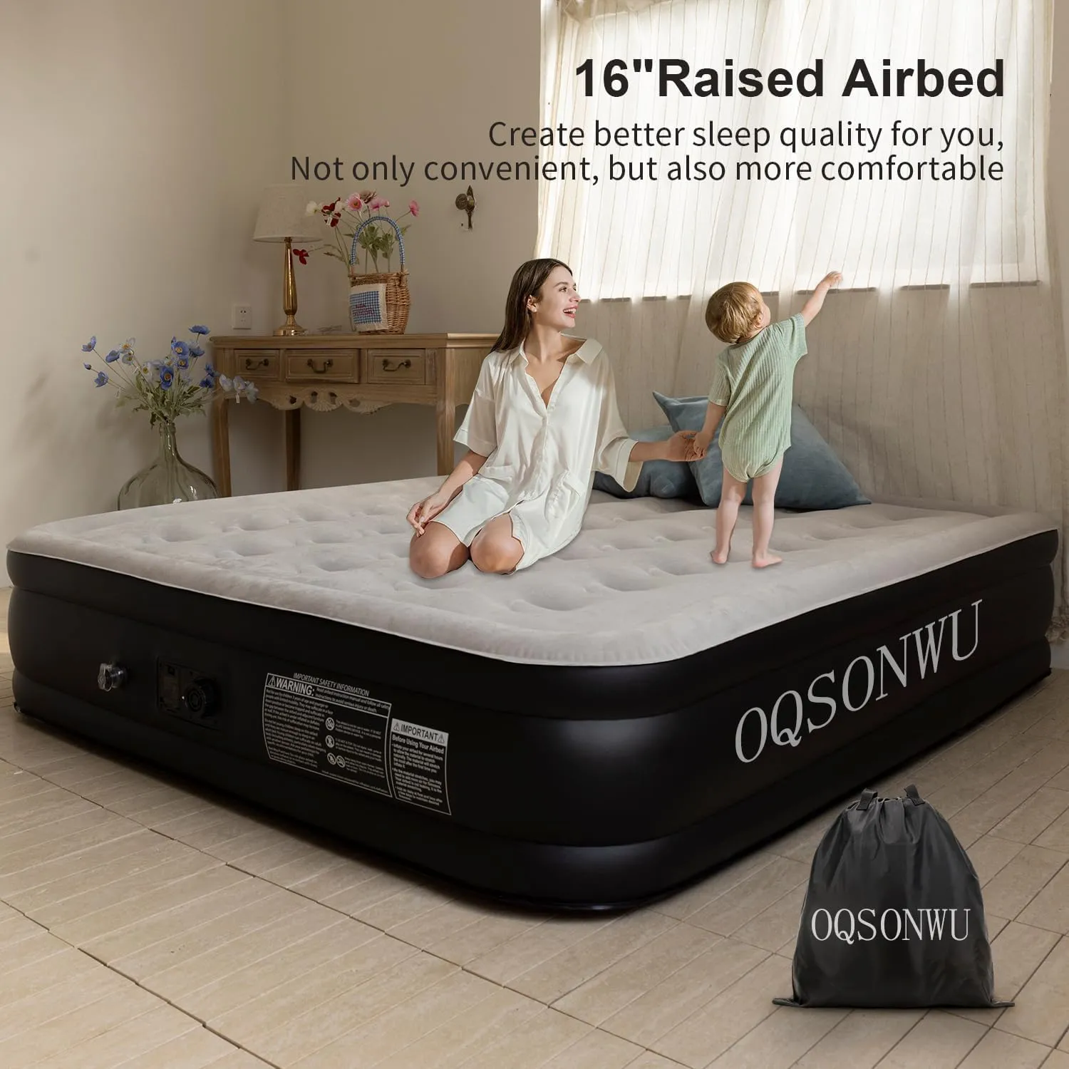 Air Mattress 16" Air Bed Queen with Built in Pump, Foldable Portable Queen Inflatable Mattress, 660 lbs Weight Capacity Blow Up Air-Mattress Suitable for Guests, Indoors and Camping