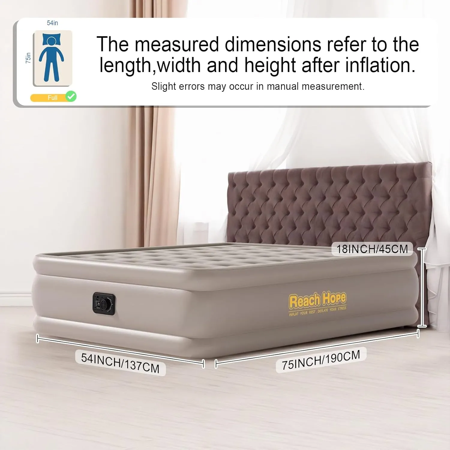 Air Mattress with Built in Pump Full, Plug-in Electric Pump Self-Inflatable Air Bed, Blow Up Travel Bed, Comfortable Airbed for Rental Home, Camping and Guests.(18" Height Full, Khaki)