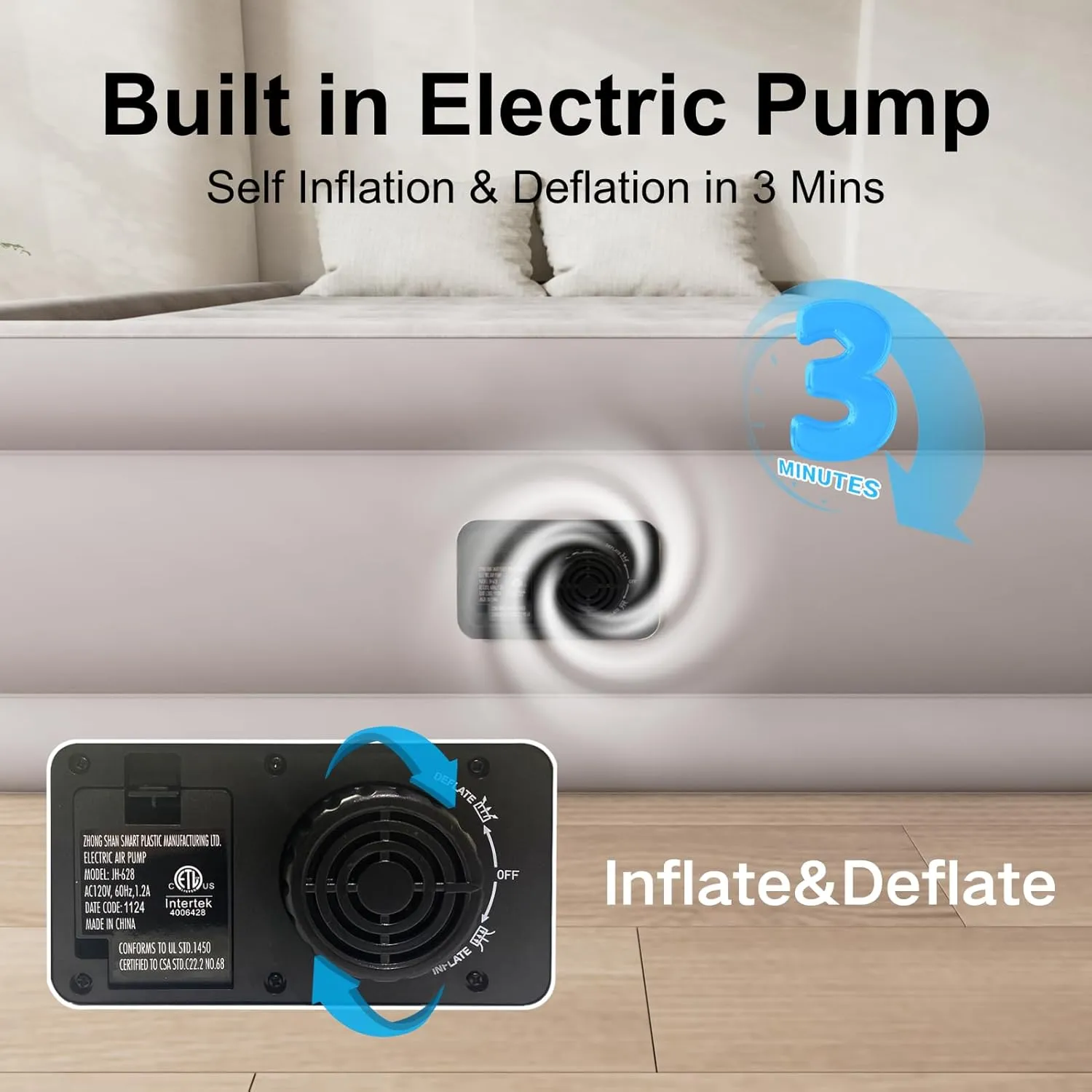 Air Mattress with Built in Pump Full, Plug-in Electric Pump Self-Inflatable Air Bed, Blow Up Travel Bed, Comfortable Airbed for Rental Home, Camping and Guests.(18" Height Full, Khaki)