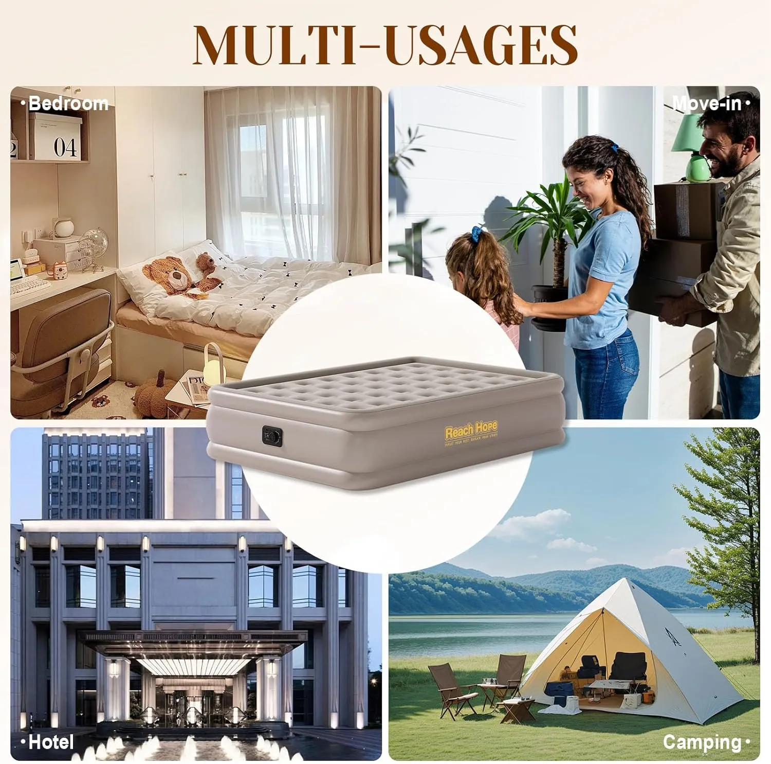 Air Mattress with Built in Pump Full, Plug-in Electric Pump Self-Inflatable Air Bed, Blow Up Travel Bed, Comfortable Airbed for Rental Home, Camping and Guests.(18" Height Full, Khaki)