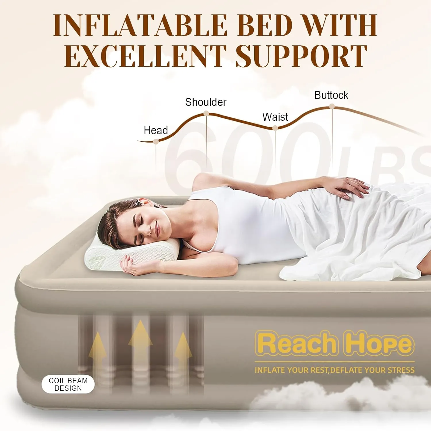 Air Mattress with Built in Pump Full, Plug-in Electric Pump Self-Inflatable Air Bed, Blow Up Travel Bed, Comfortable Airbed for Rental Home, Camping and Guests.(18" Height Full, Khaki)