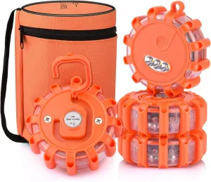 AK [4 Pack] LED Road Flares Safety Flashing Warning Light Roadside Emergency Disc Beacon Kit for Vehicles Boats with Magnetic Base & Hook, Premium Storage Bag (Batteries Not Included) (4)