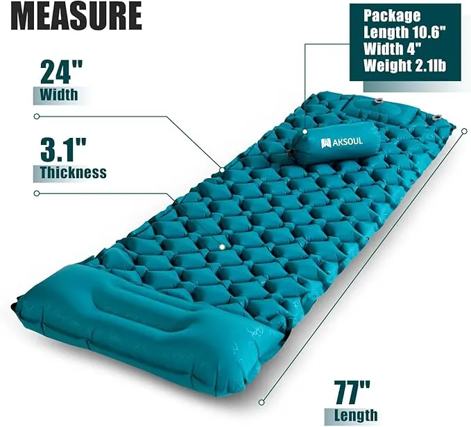 AKSOUL Sleeping Pad Inflatable for Camping: Ultralight & Compact Self Inflating Camp Mat with Built-in Foot Pump, Connectable Portable Air Mattress for Hiking, Backpacking Travel