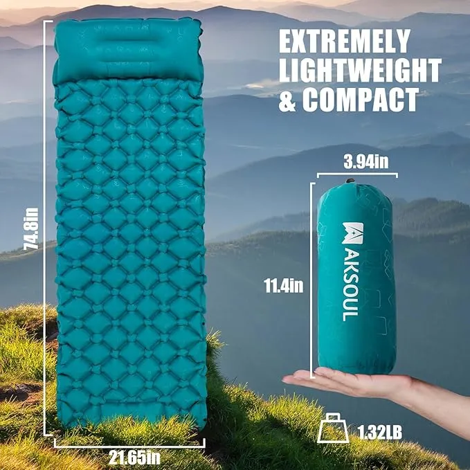 AKSOUL Sleeping Pad Inflatable for Camping: Ultralight & Compact Self Inflating Camp Mat with Built-in Foot Pump, Connectable Portable Air Mattress for Hiking, Backpacking Travel