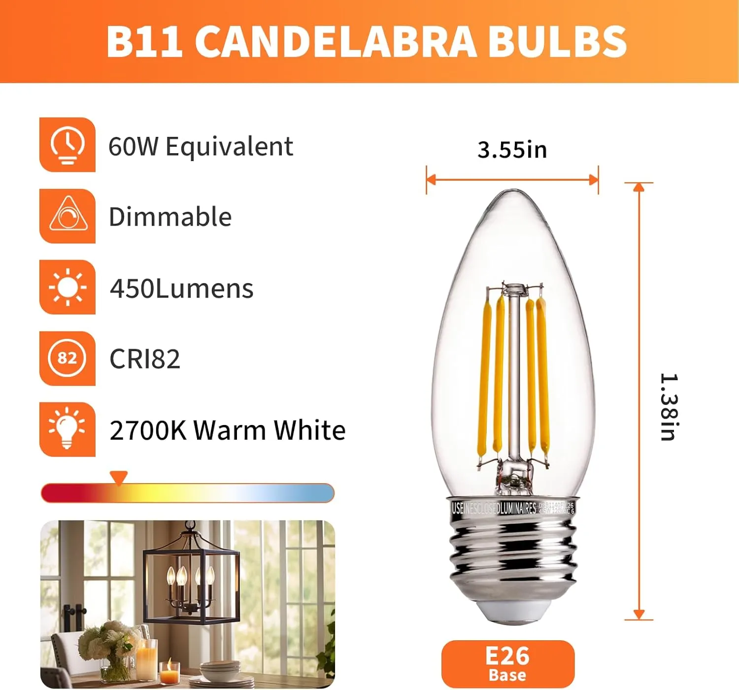 ALAMPEVER E26 LED Bulb 60 Watt, B11 Chandelier Light Bulbs, 2700K Soft White Candelabra LED Bulbs, 24 Pack Candle Light Bulbs