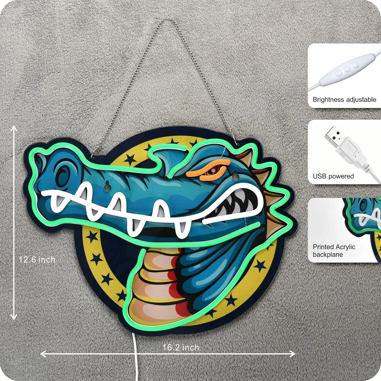 Alligator neon sign crocodile LED light for wall decor, USB powered, bar pub store club garage bedroom, home artwork