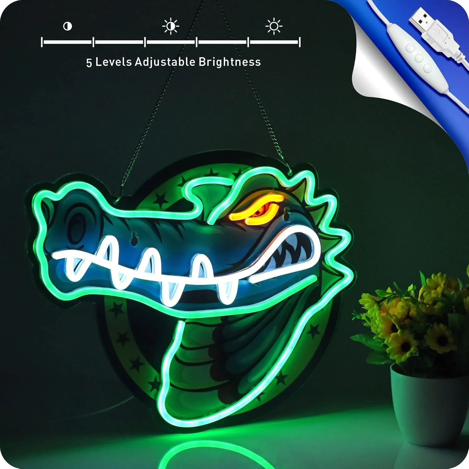 Alligator neon sign crocodile LED light for wall decor, USB powered, bar pub store club garage bedroom, home artwork