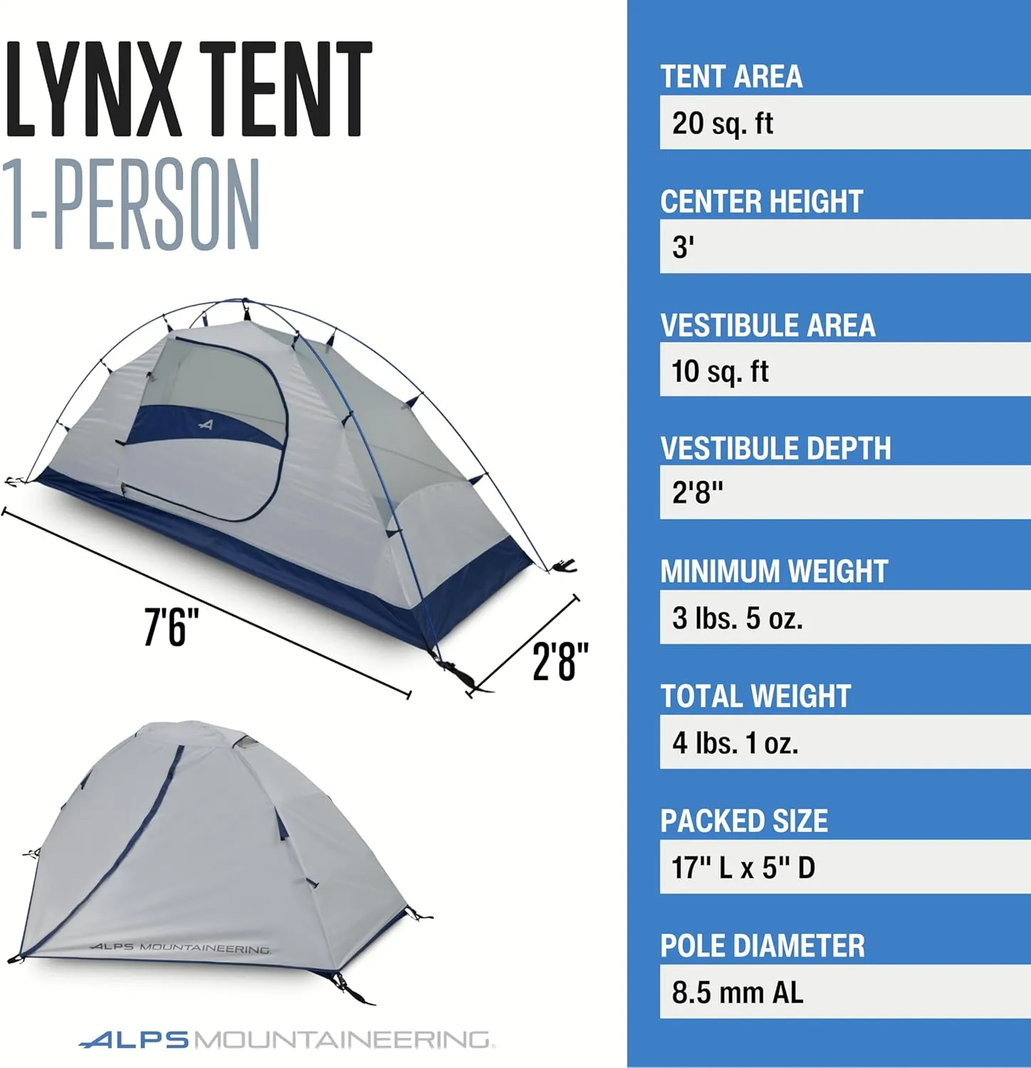 ALPS Mountaineering Lynx 1-Person Tent – Lightweight, Easy Setup, Waterproof, Freestanding Backpacking Tent with Durable Aluminum Poles and Ample Ventilation