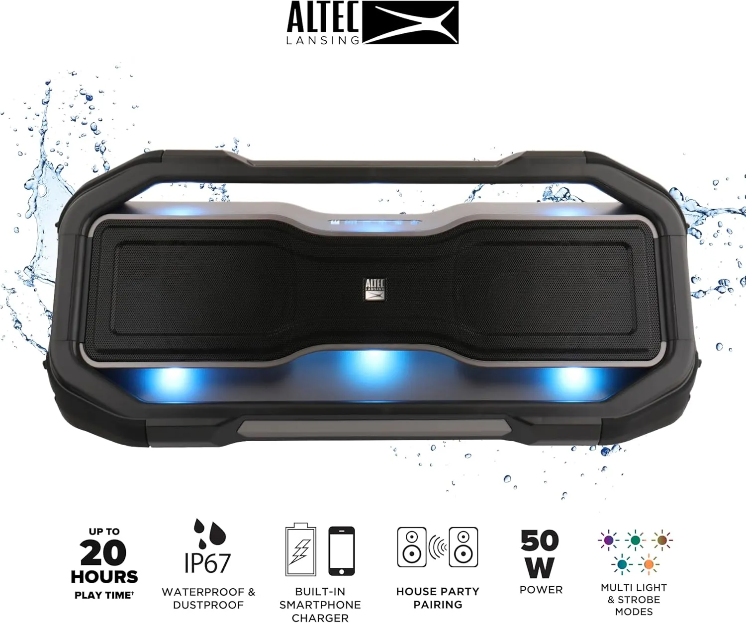 Altec Lansing ROCKBOX XL Wireless Bluetooth Speaker, Portable Waterproof Speaker with 20 Hour Playtime and 5 Illuminating LED Light Modes, Floating Wireless for Indoors and Outdoors