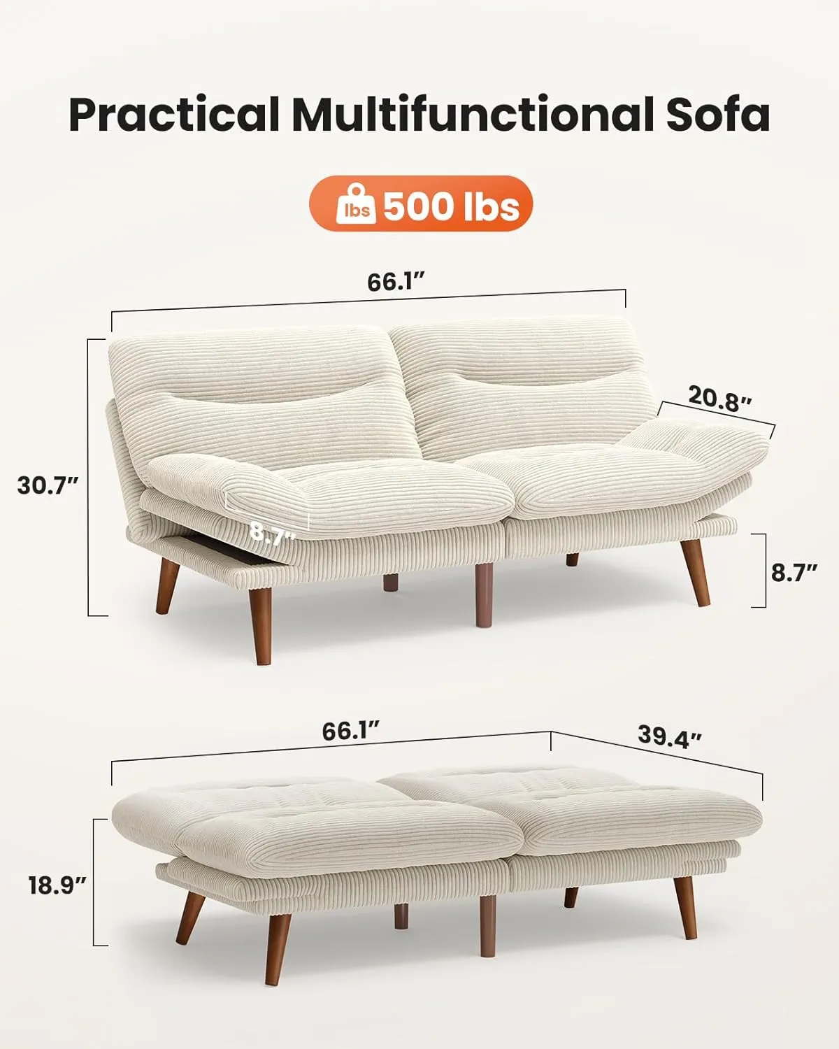 AMADA HOMEFURNISHING Convertible Futon Sofa Bed,White Futon with Adjustable Backrest & Armrests,Folding Sleeper Recliner for Small Spaces, Play Room Or Office, Corduroy Small Couch,White