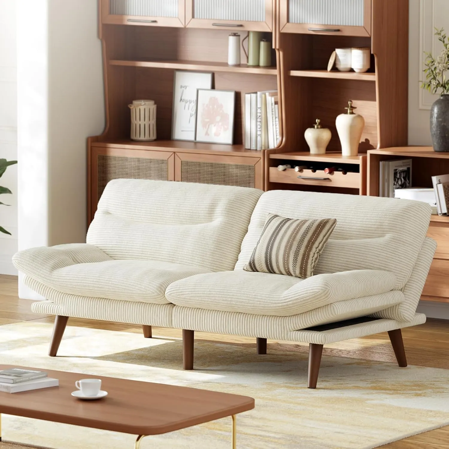 AMADA HOMEFURNISHING Convertible Futon Sofa Bed,White Futon with Adjustable Backrest & Armrests,Folding Sleeper Recliner for Small Spaces, Play Room Or Office, Corduroy Small Couch,White