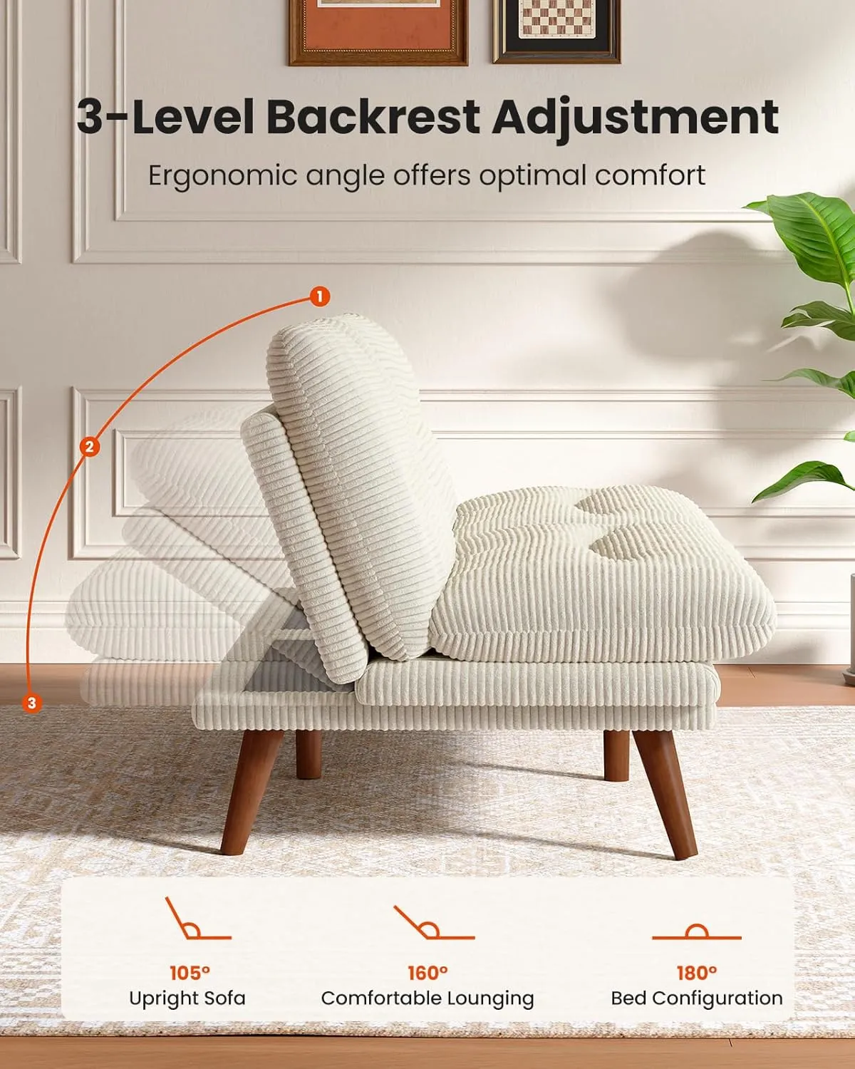 AMADA HOMEFURNISHING Convertible Futon Sofa Bed,White Futon with Adjustable Backrest & Armrests,Folding Sleeper Recliner for Small Spaces, Play Room Or Office, Corduroy Small Couch,White
