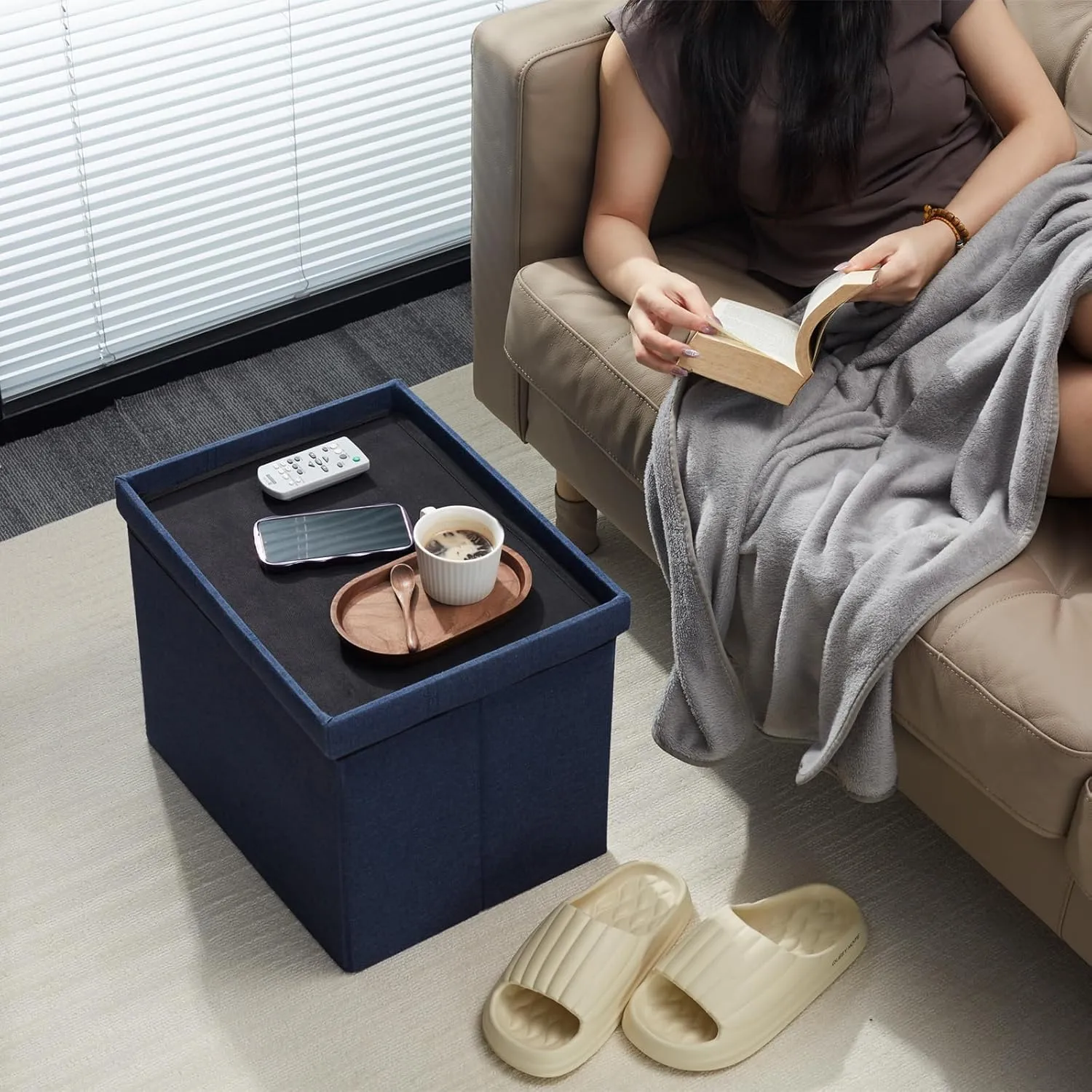 AmasSmile Storage Ottoman Folding Foot Rest Stool, 17 inch Linen Footstool Bench, Short Ottoman Bench, Storage Foot Rest Store, Books, Light Blue