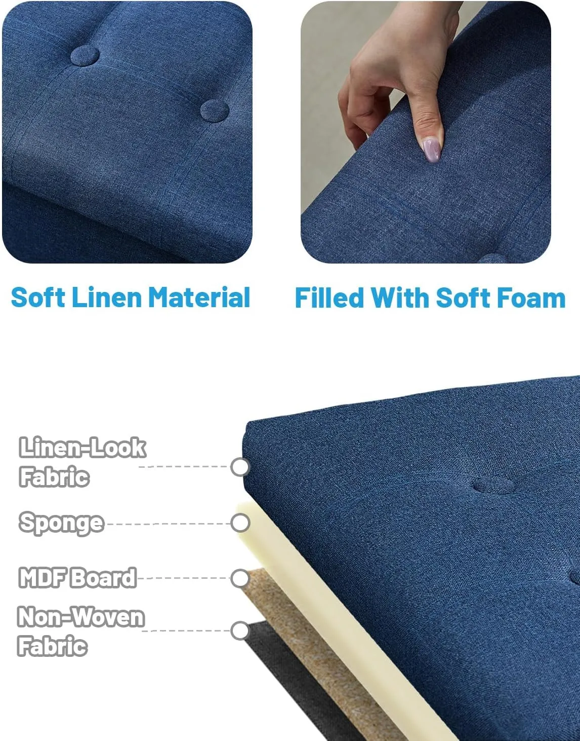 AmasSmile Storage Ottoman Folding Foot Rest Stool, 17 inch Linen Footstool Bench, Short Ottoman Bench, Storage Foot Rest Store, Books, Light Blue