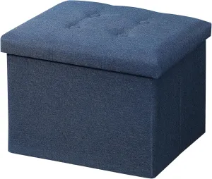 AmasSmile Storage Ottoman Folding Foot Rest Stool, 17 inch Linen Footstool Bench, Short Ottoman Bench, Storage Foot Rest Store, Books, Light Blue