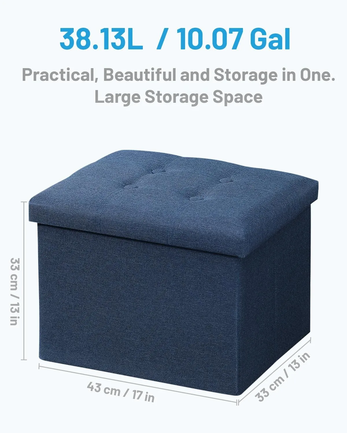 AmasSmile Storage Ottoman Folding Foot Rest Stool, 17 inch Linen Footstool Bench, Short Ottoman Bench, Storage Foot Rest Store, Books, Light Blue