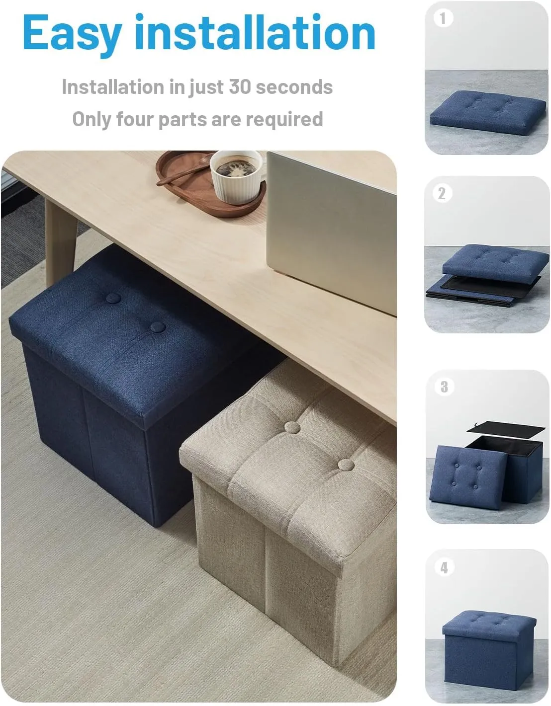AmasSmile Storage Ottoman Folding Foot Rest Stool, 17 inch Linen Footstool Bench, Short Ottoman Bench, Storage Foot Rest Store, Books, Light Blue