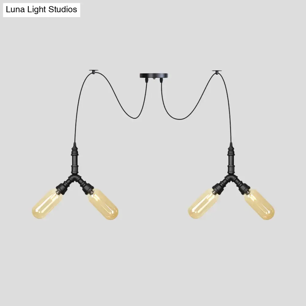 Amber Glass Swag LED Ceiling Lamp - Industrial Capsule Multi Hanging Light (4/6/12-Head) in Black