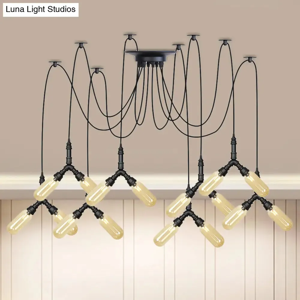 Amber Glass Swag LED Ceiling Lamp - Industrial Capsule Multi Hanging Light (4/6/12-Head) in Black