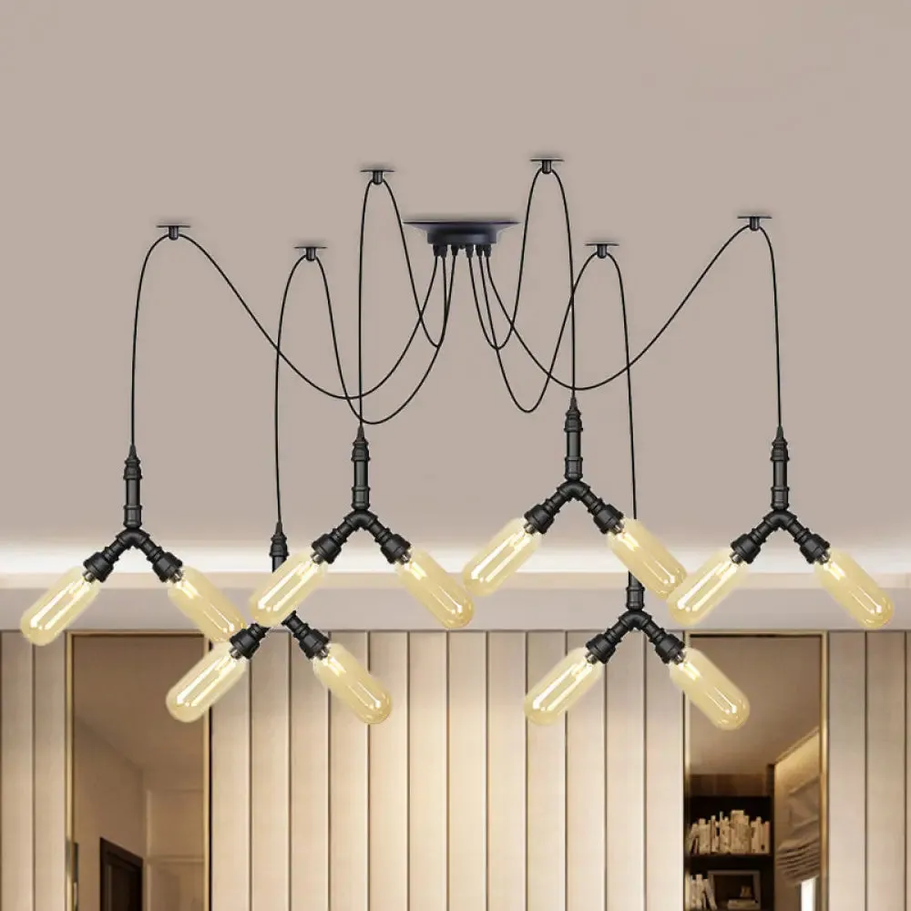 Amber Glass Swag LED Ceiling Lamp - Industrial Capsule Multi Hanging Light (4/6/12-Head) in Black