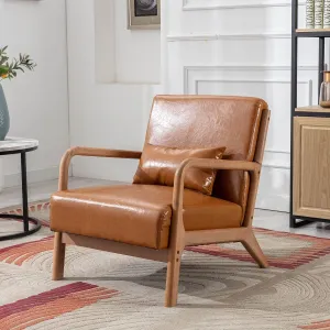 ANJHOME Mid Century Modern Accent Chair, PU Leather Reading Chair with Solid Wood Frame, Easy Assembly Armchair for Living Room