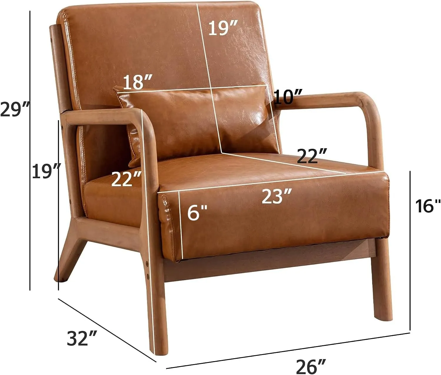 ANJHOME Mid Century Modern Accent Chair, PU Leather Reading Chair with Solid Wood Frame, Easy Assembly Armchair for Living Room
